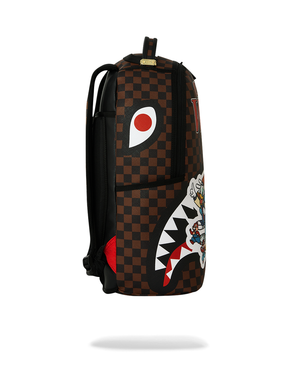 Brown check backpack side with red circle graphic and black side panel