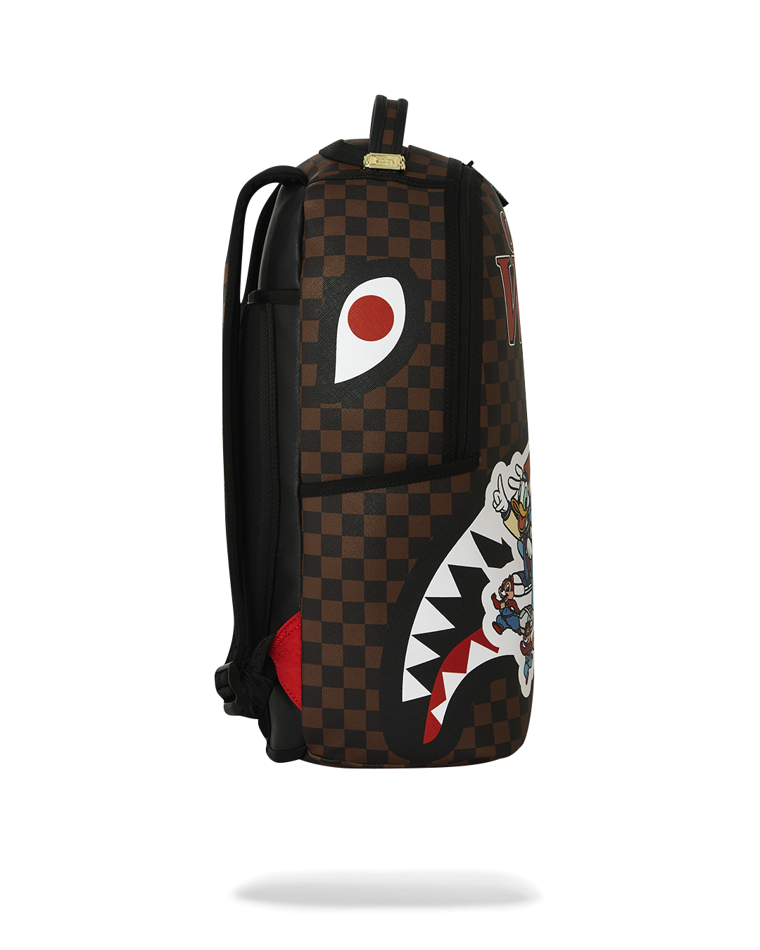 Brown check backpack side with red circle graphic and black side panel
