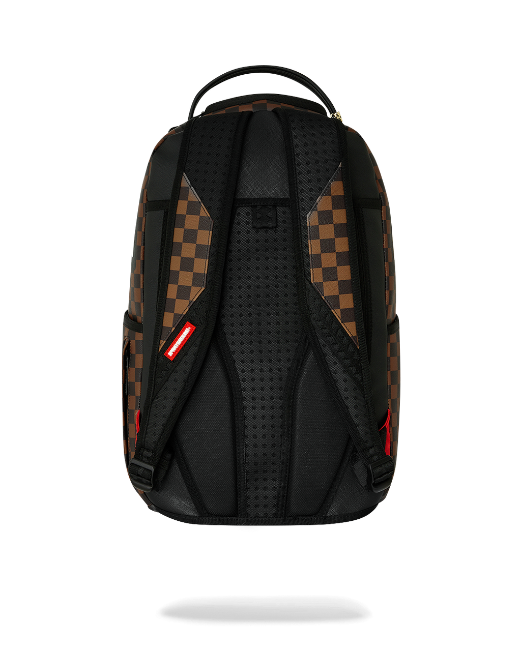 Brown check backpack with padded mesh back panel and adjustable shoulder straps