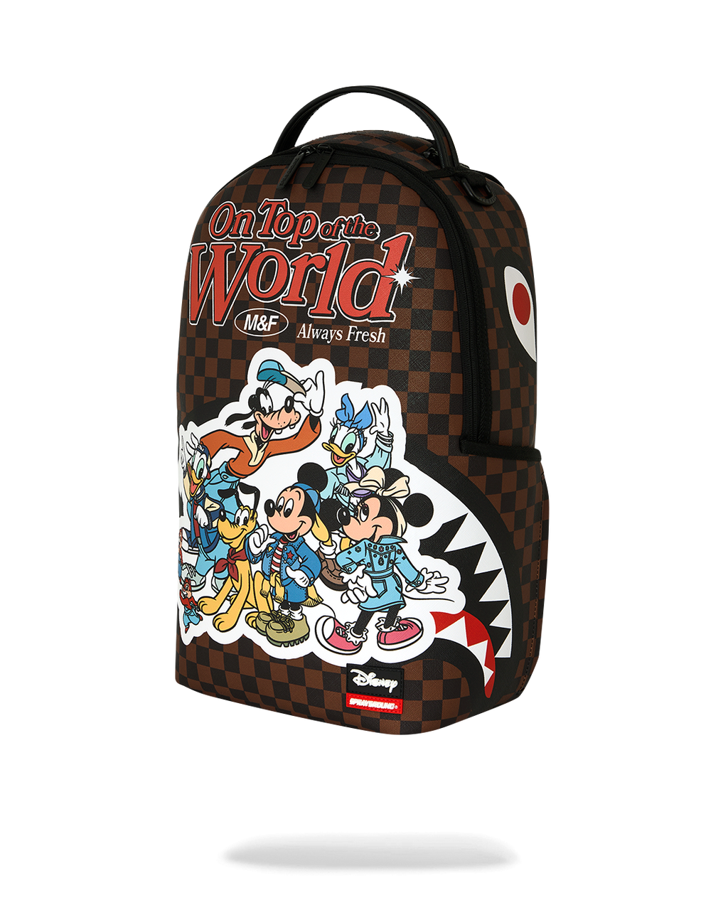 Brown check backpack with Mickey and friends graphic, Sprayground front label