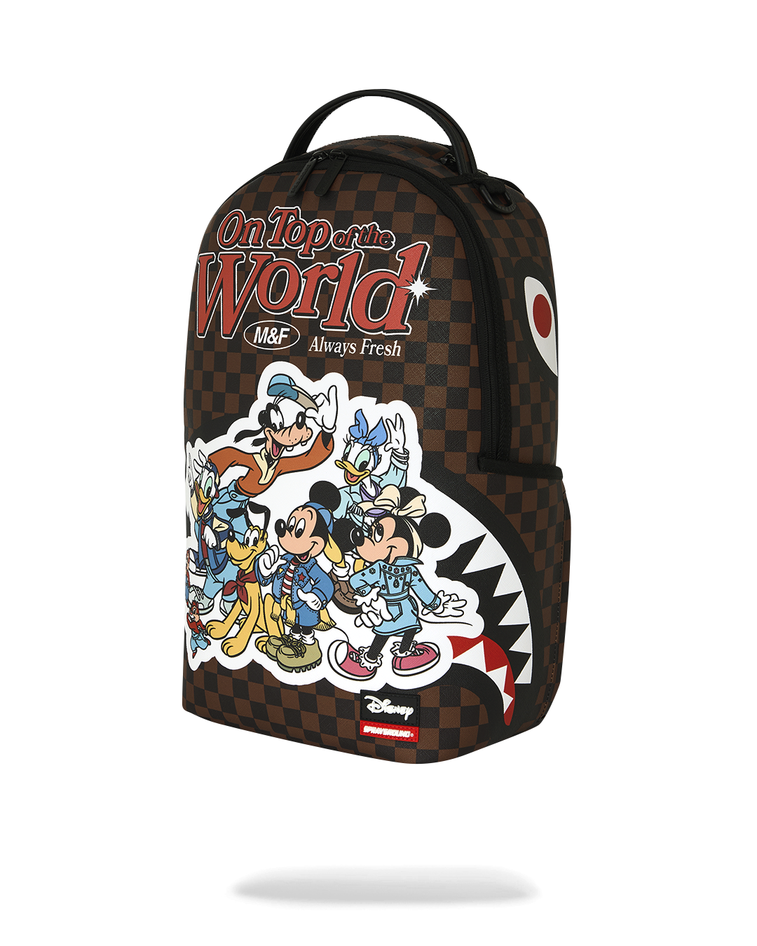 Brown check backpack with Mickey and friends graphic, Sprayground front label