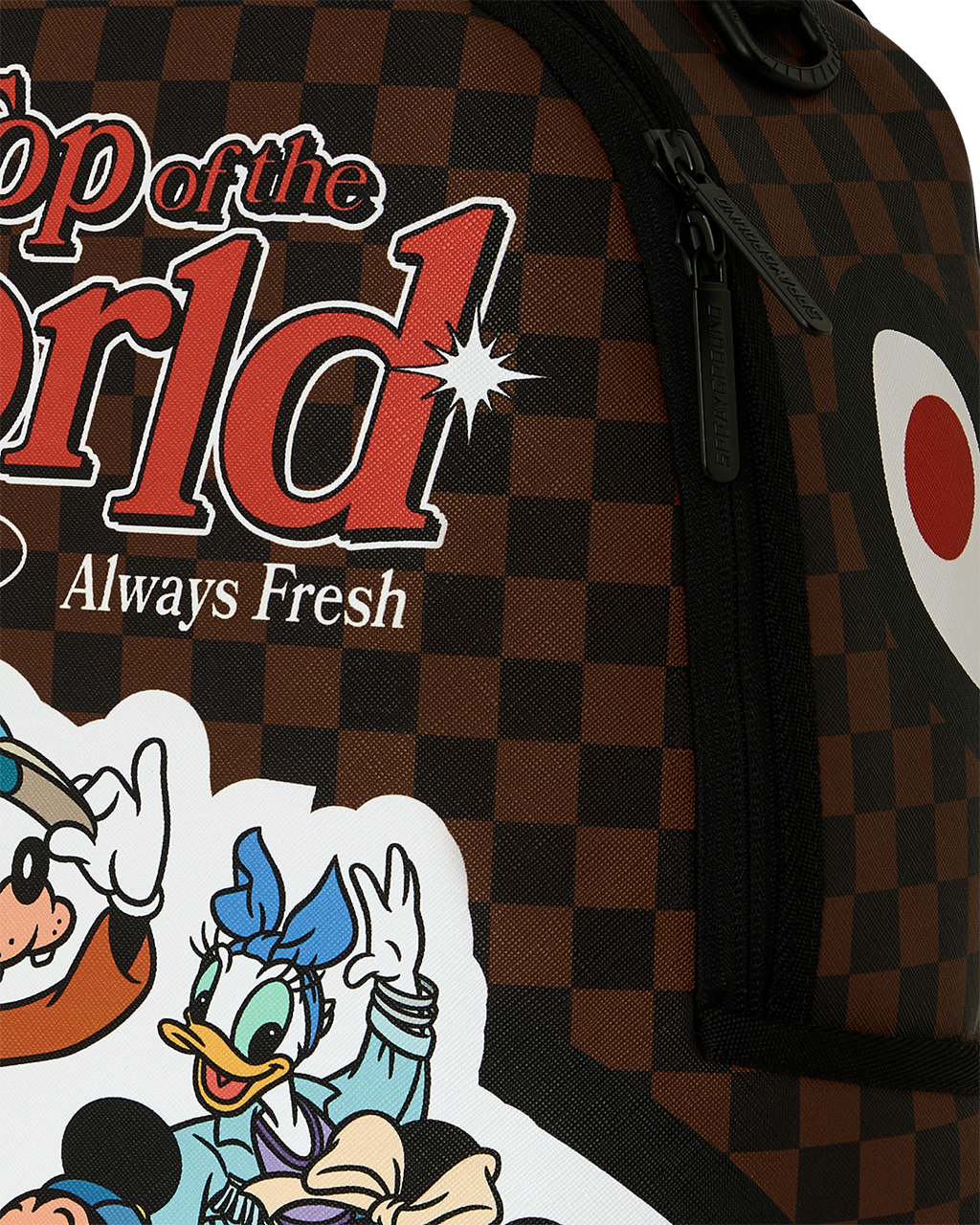 Brown check backpack front panel with On Top of the World print and zipper