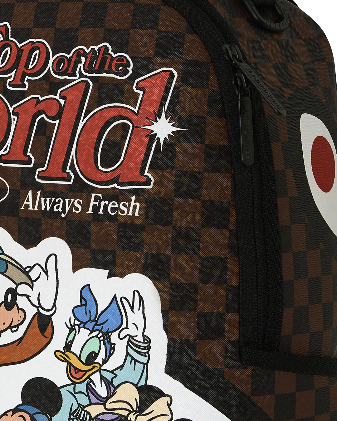 Brown check backpack front panel with On Top of the World print and zipper