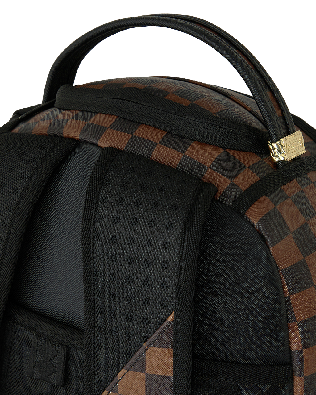 Brown check backpack with black padded top and adjustable shoulder strap
