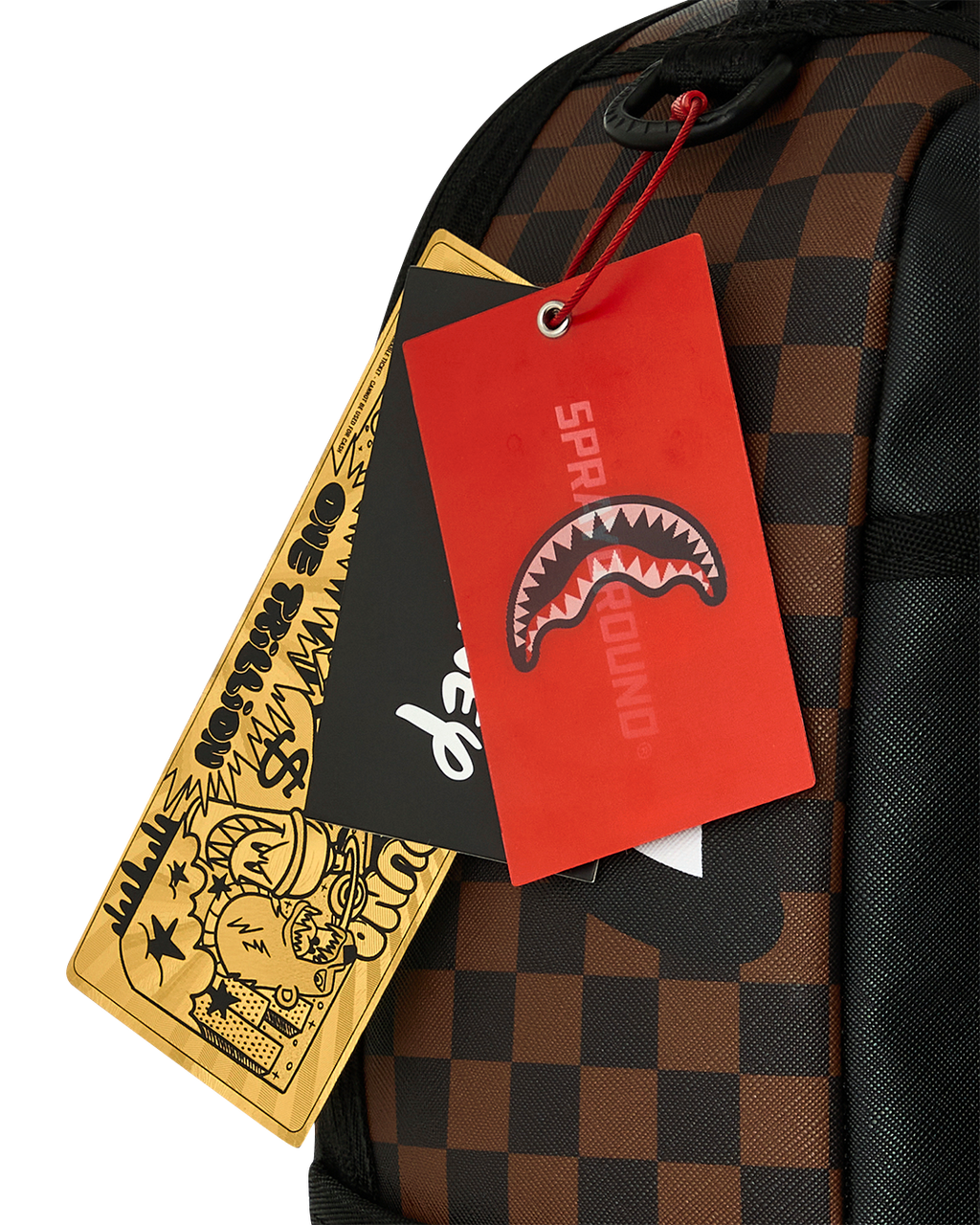 Brown check backpack with hanging red and gold product tags and black side