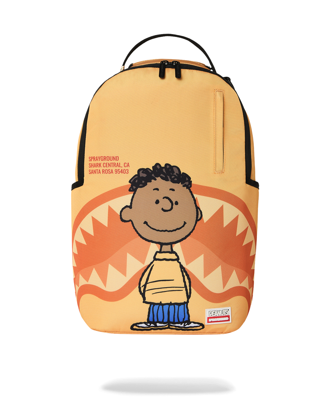 Sprayground Peanuts Franklin backpack, orange with illustrated peanuts character front