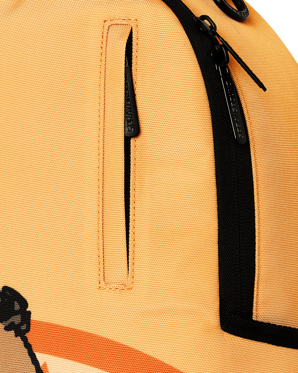 Sprayground Peanuts Franklin backpack, orange side zip with black pull tab