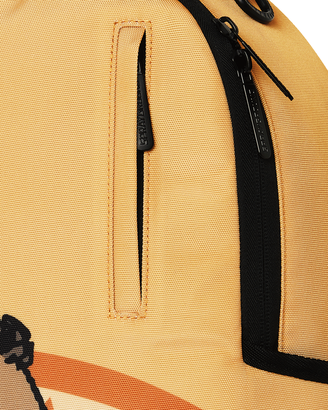 Sprayground Peanuts Franklin backpack, orange side zip with black pull tab