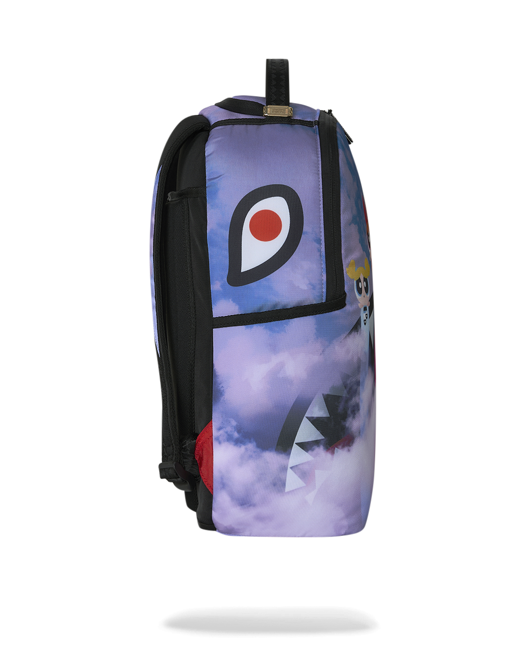 Sprayground Cloudbreaker backpack with large black-and-red logo panel and side zipper
