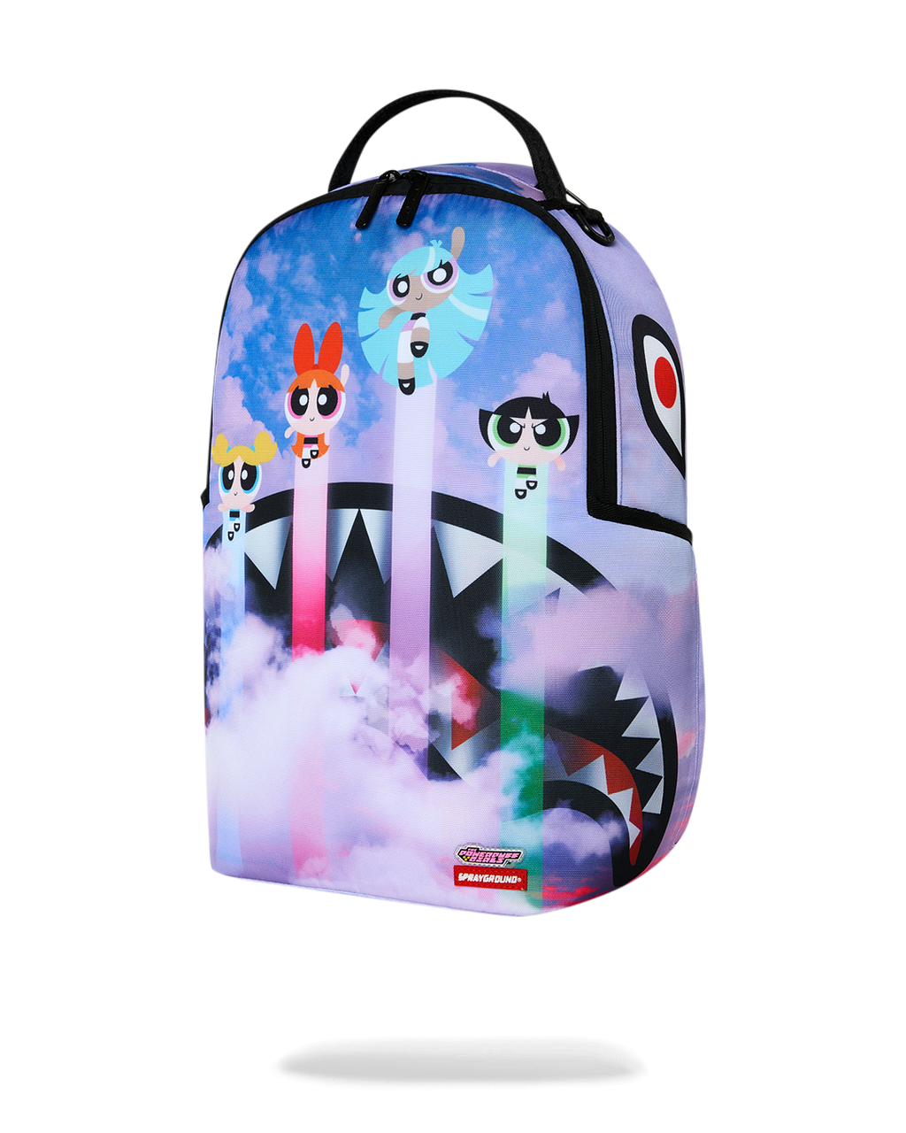 Sprayground Cloudbreaker backpack with pastel clouds and cartoon character scene