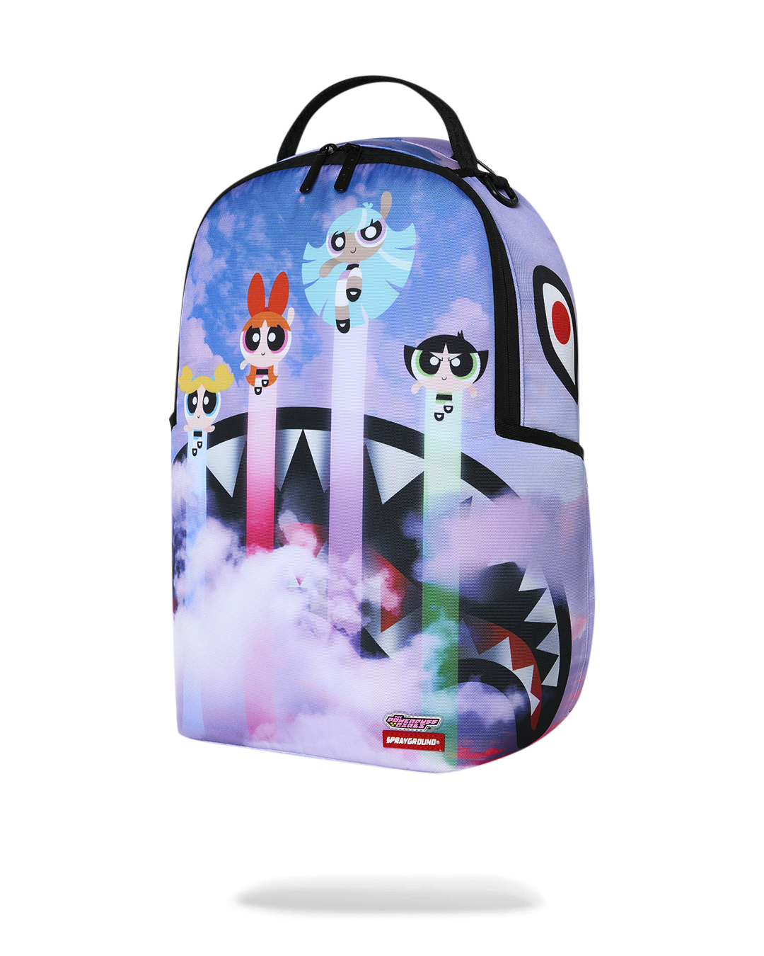 Sprayground Cloudbreaker backpack with pastel clouds and cartoon character scene