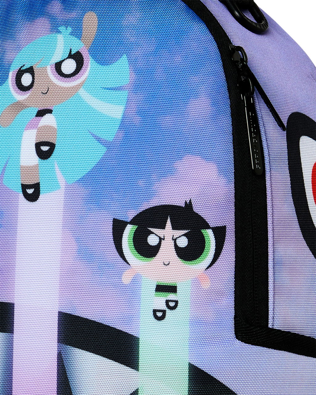Sprayground Cloudbreaker backpack close-up of cartoon character face on cloud print