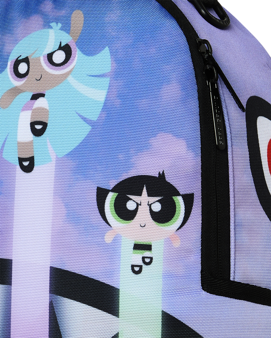 Sprayground Cloudbreaker backpack close-up of cartoon character face on cloud print