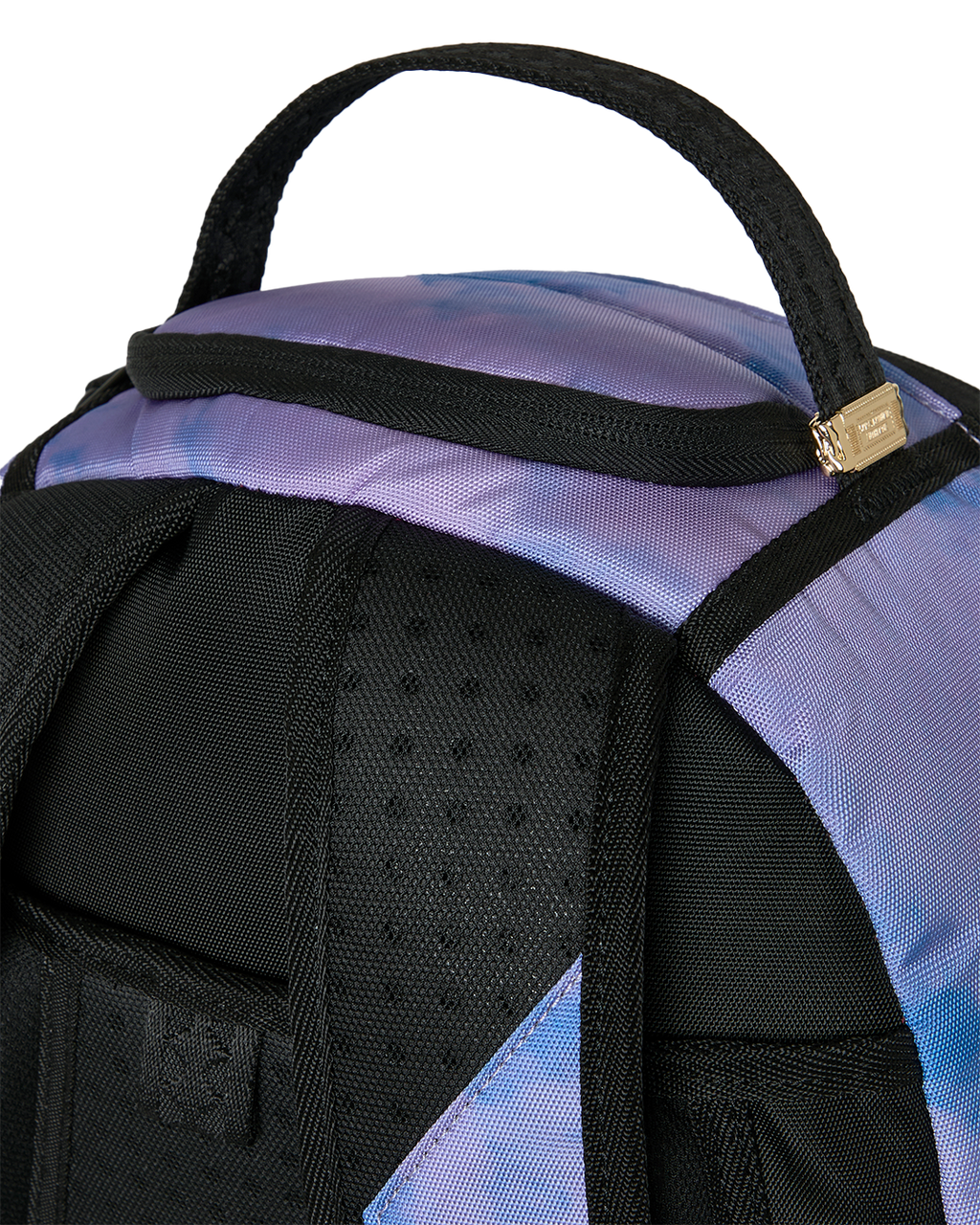 Sprayground backpack with black padded shoulder straps and top handle on cloud print