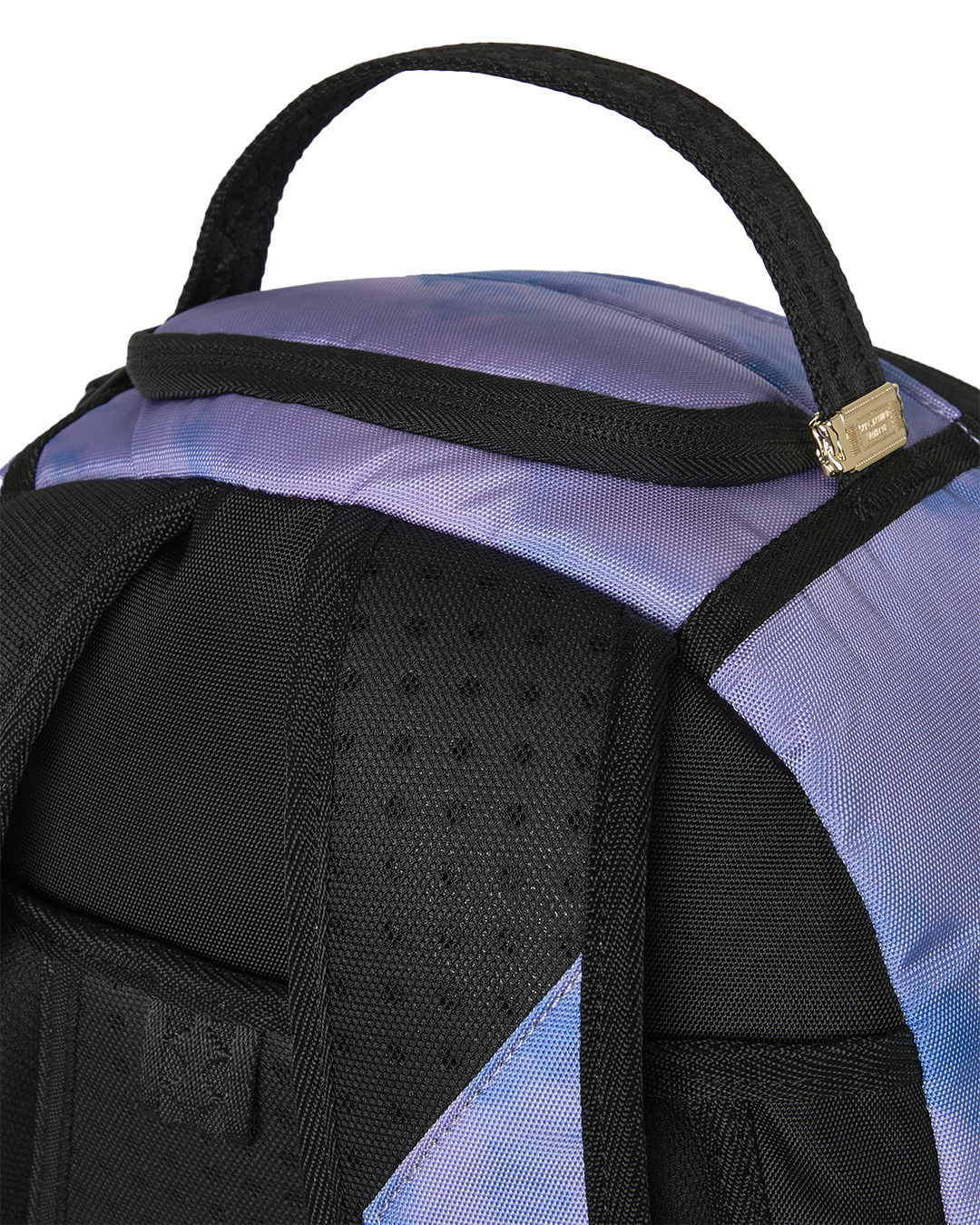 Sprayground backpack with black padded shoulder straps and top handle on cloud print