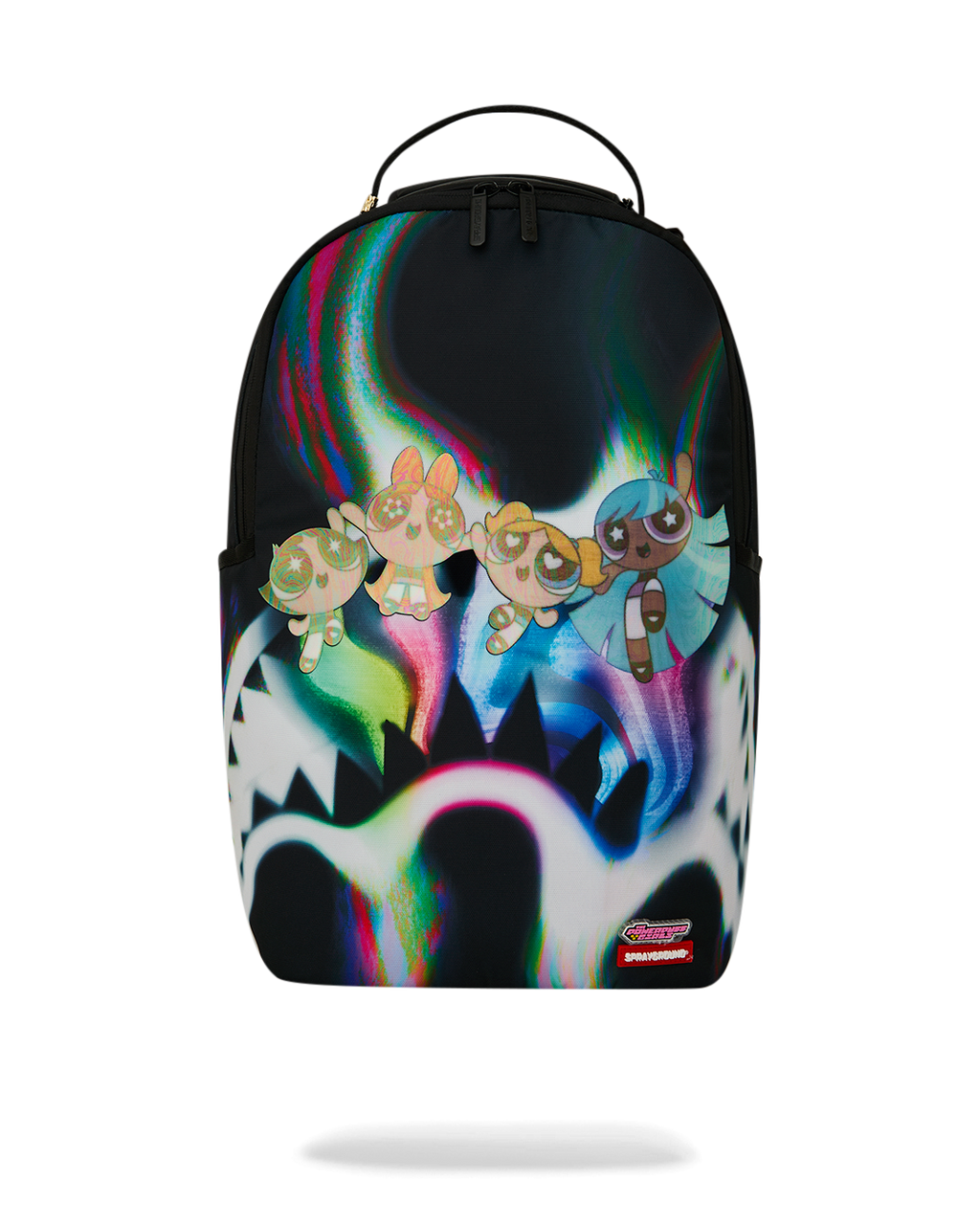 Sprayground Power Flex backpack with colorful Powerpuff character graphic and top handle