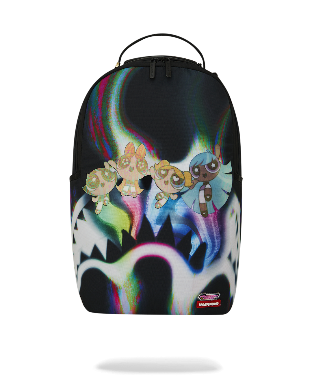 Sprayground Power Flex backpack with colorful Powerpuff character graphic and top handle