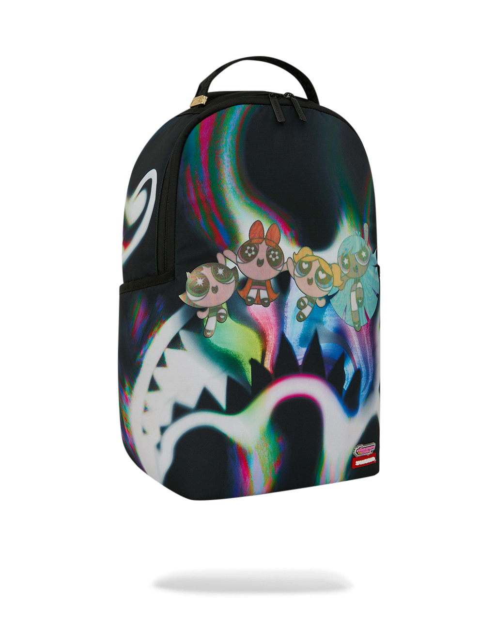 Sprayground Power Flex backpack, side view with colorful Powerpuff character artwork