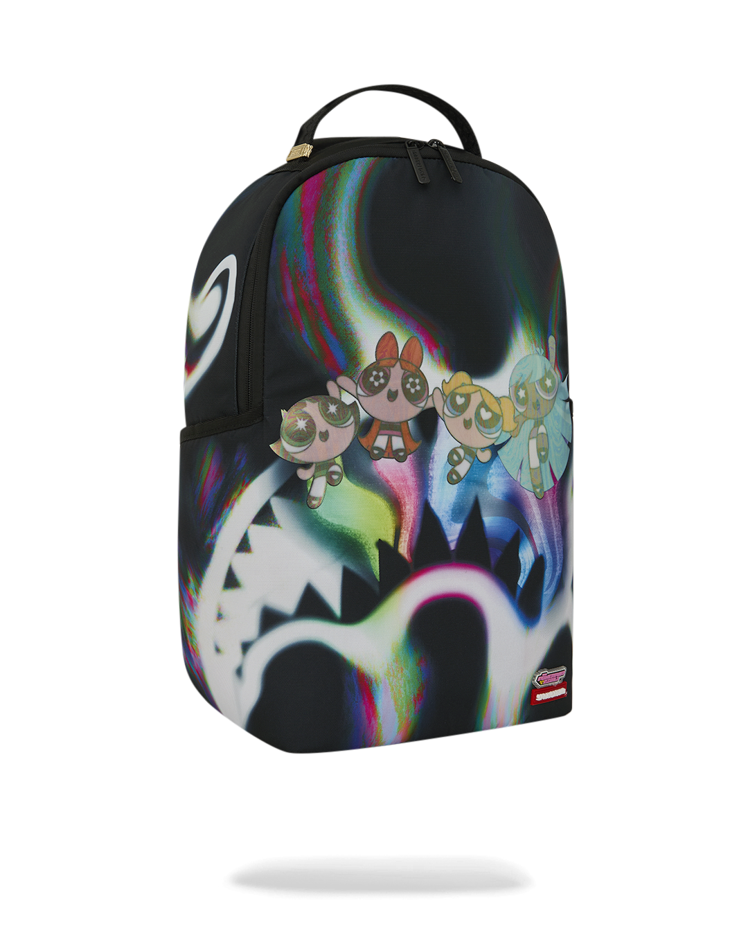 Sprayground Power Flex backpack, side view with colorful Powerpuff character artwork