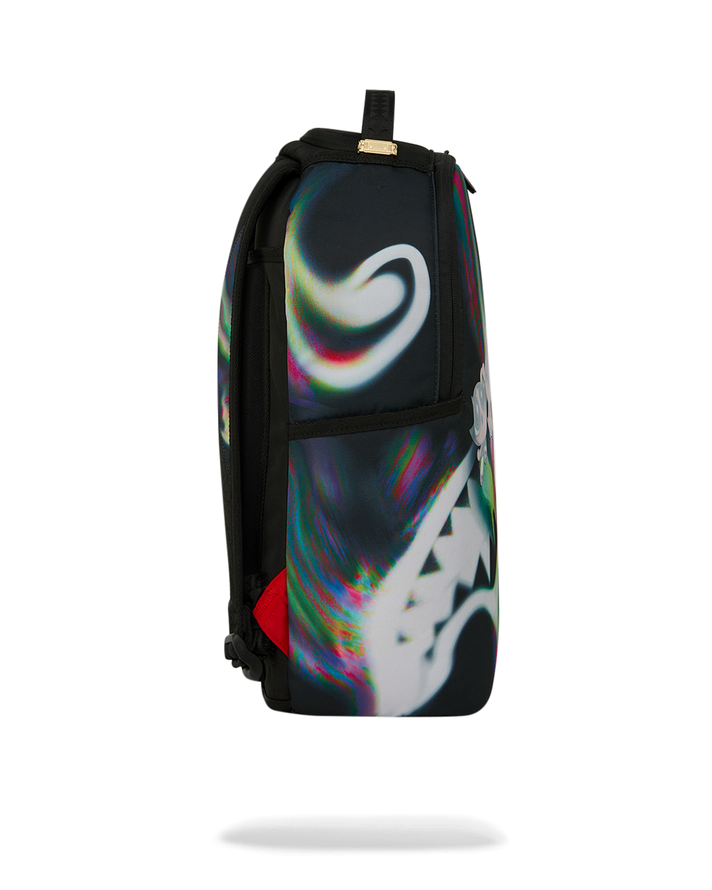 Sprayground Power Flex backpack, back view with rainbow-style swirl and geometric graphic