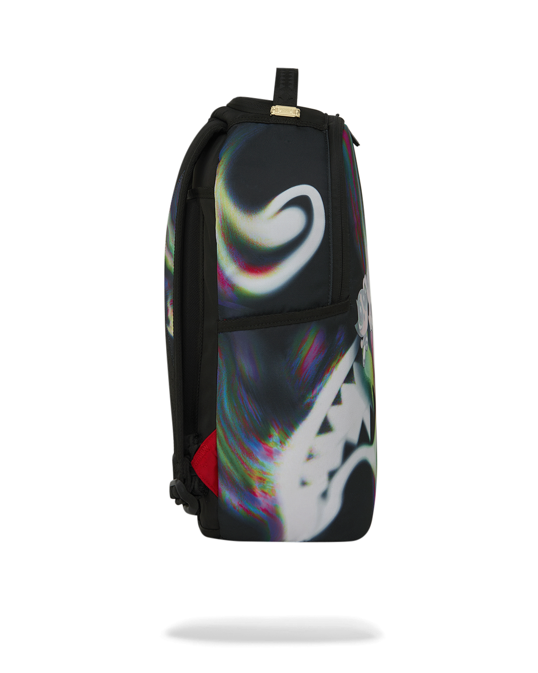 Sprayground Power Flex backpack, back view with rainbow-style swirl and geometric graphic