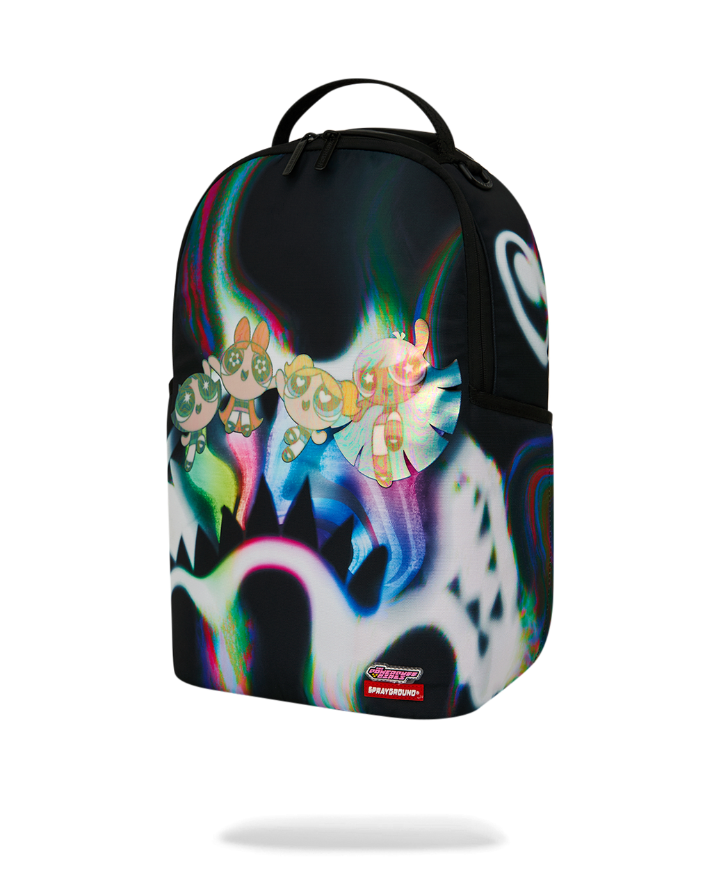 Sprayground Power Flex backpack with colorful Powerpuff characters and front logo patch