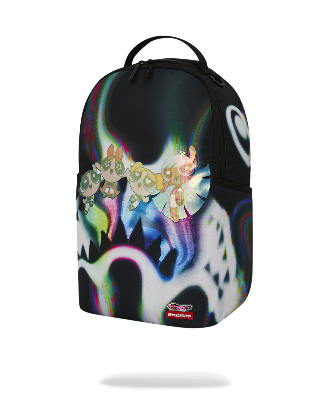 Sprayground Power Flex backpack with colorful Powerpuff characters and front logo patch