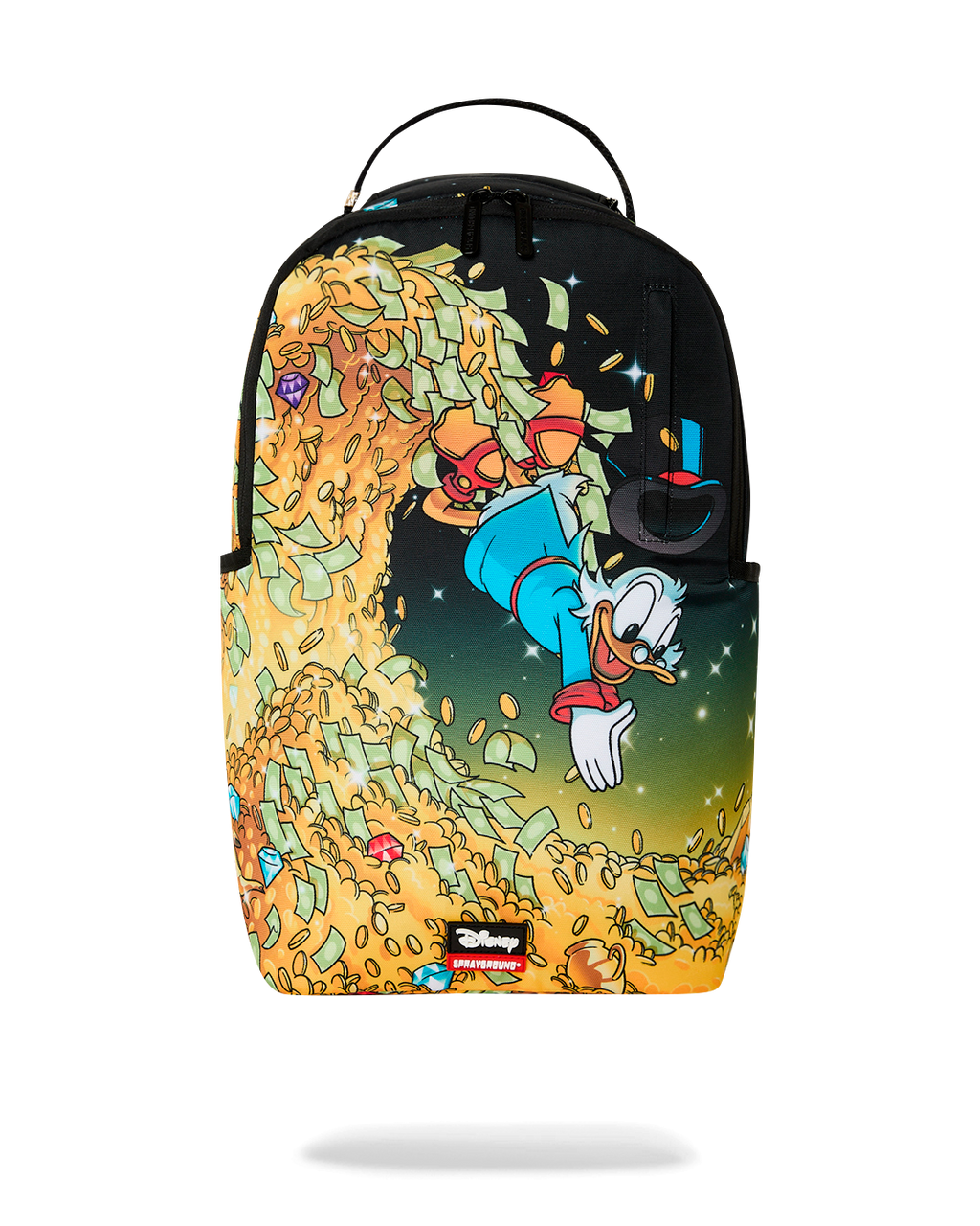 Sprayground Money Rider backpack bag with colorful Scrooge-themed front graphic and black trim