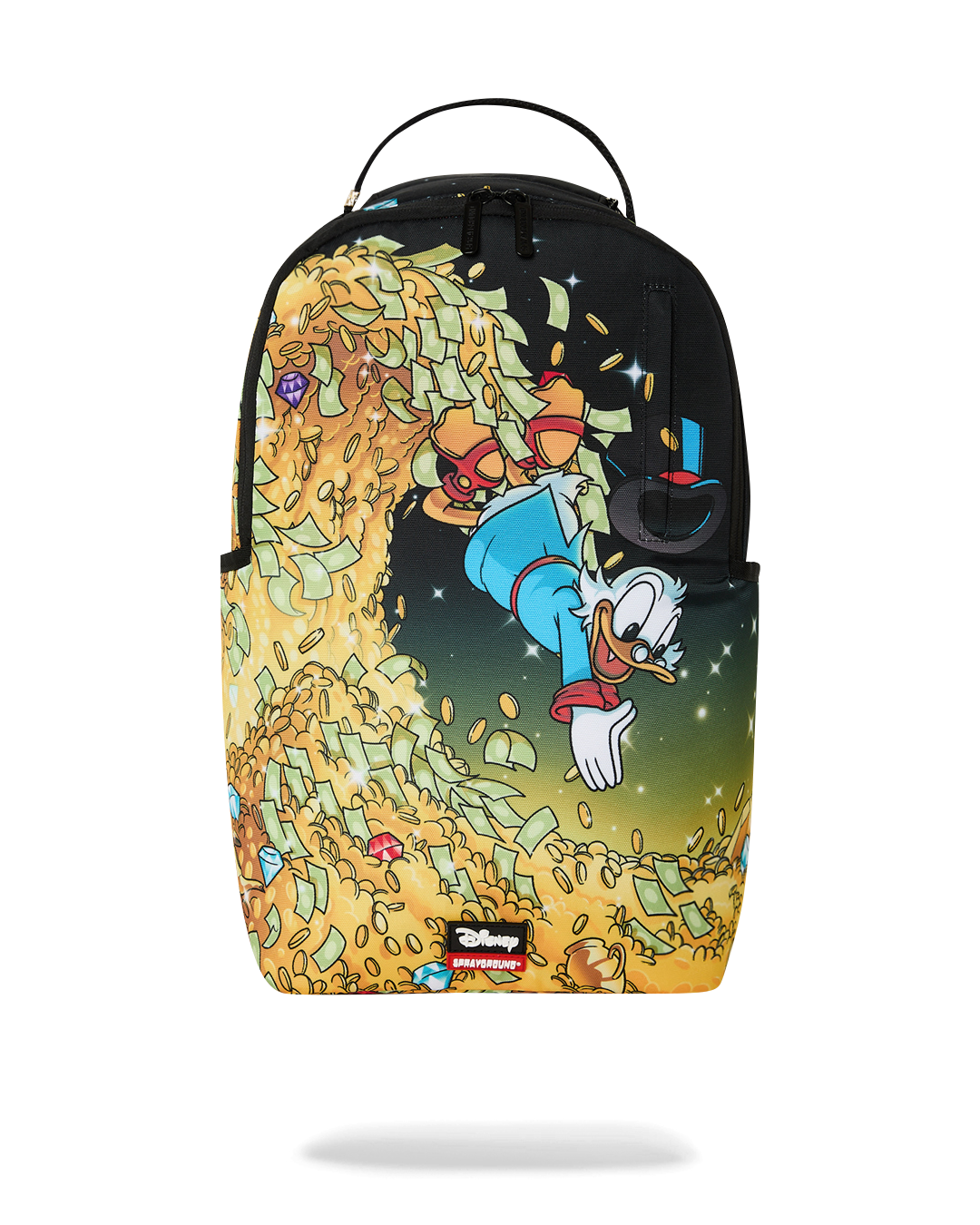 Sprayground Money Rider backpack bag with colorful Scrooge-themed front graphic and black trim