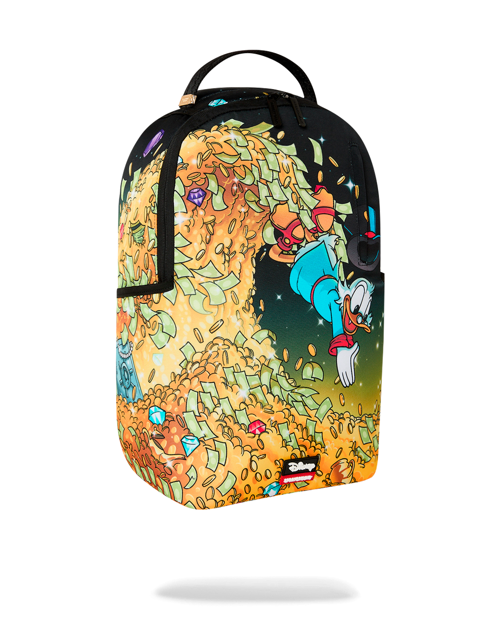 Sprayground Money Rider backpack bag with Scrooge duck character print and black side panel
