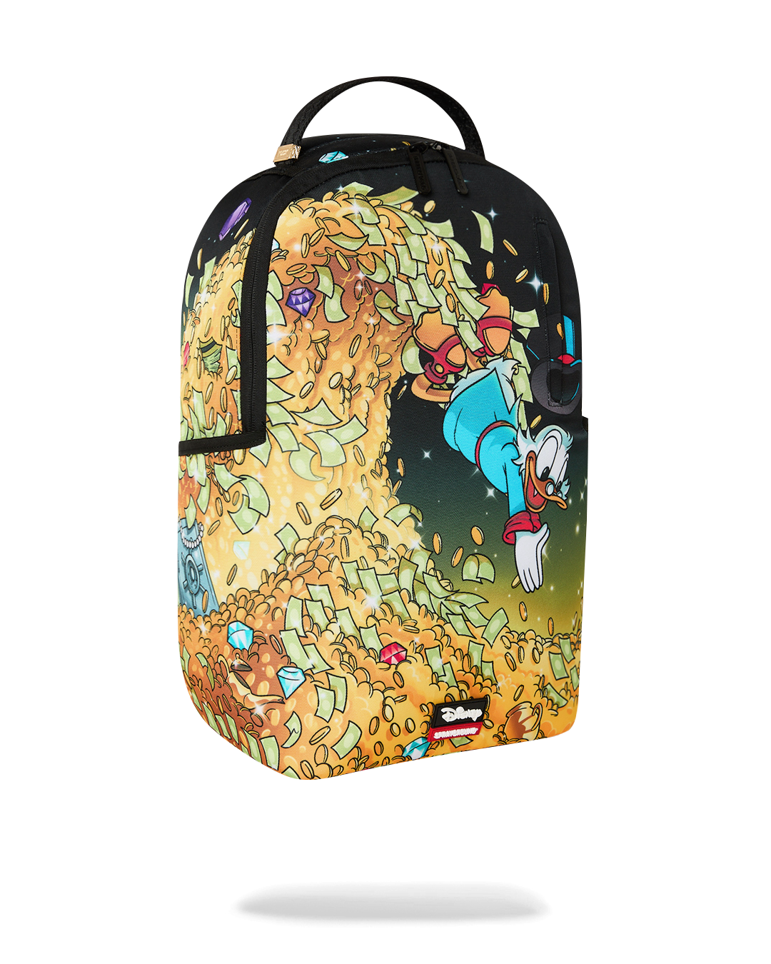 Sprayground Money Rider backpack bag with Scrooge duck character print and black side panel
