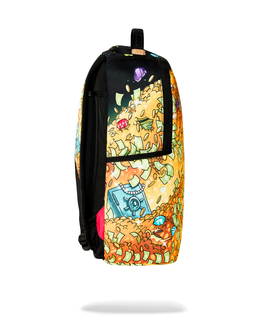 Sprayground Money Rider backpack bag side view with black panel and colorful character artwork