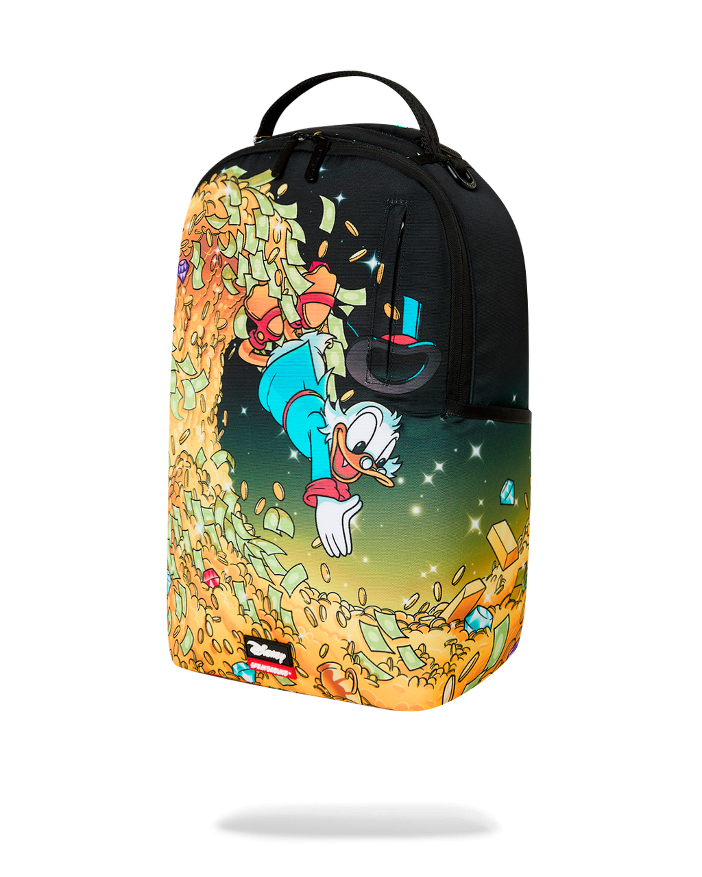 Sprayground Money Rider backpack bag front view with large Scrooge character print