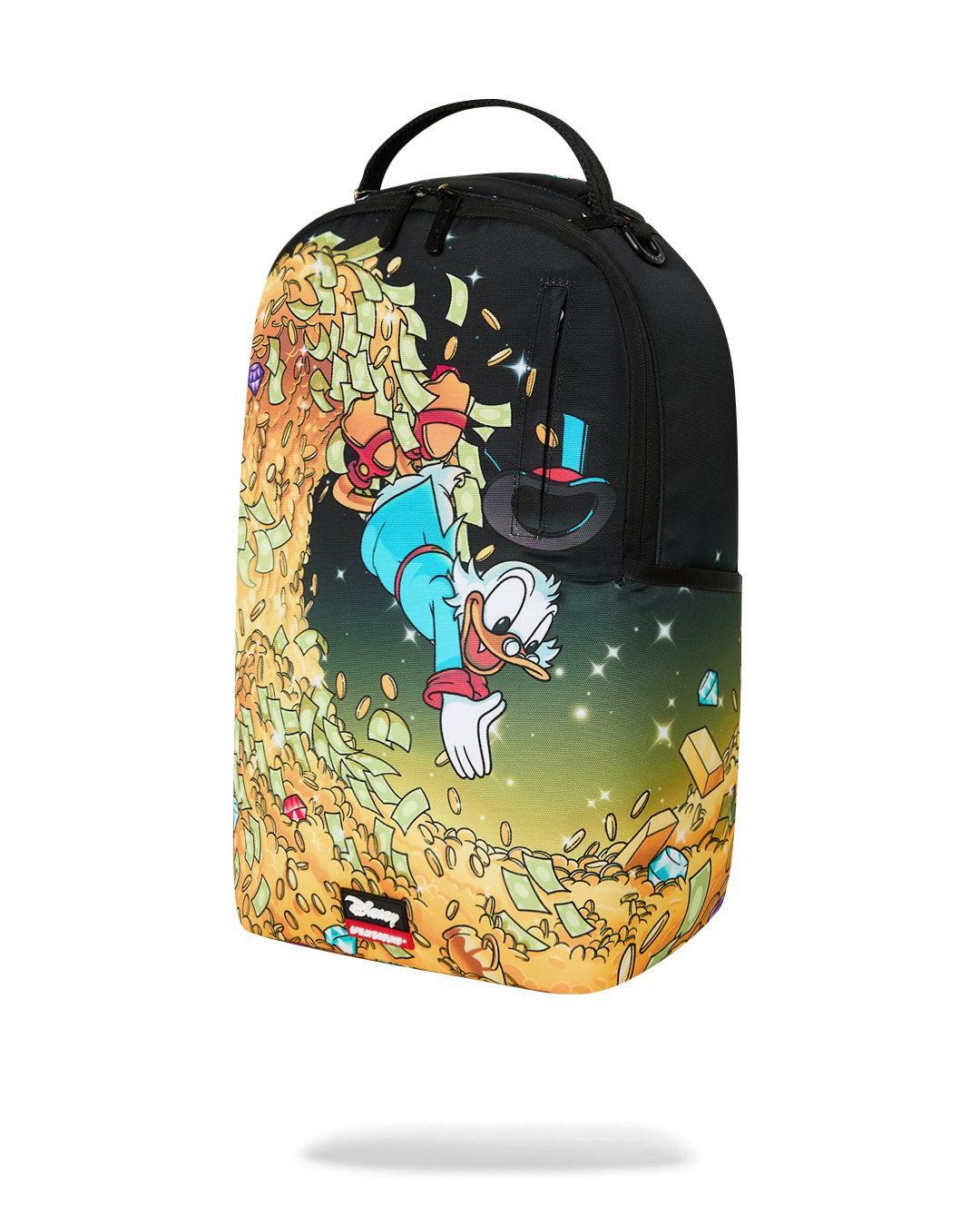 Sprayground Money Rider backpack bag front view with large Scrooge character print