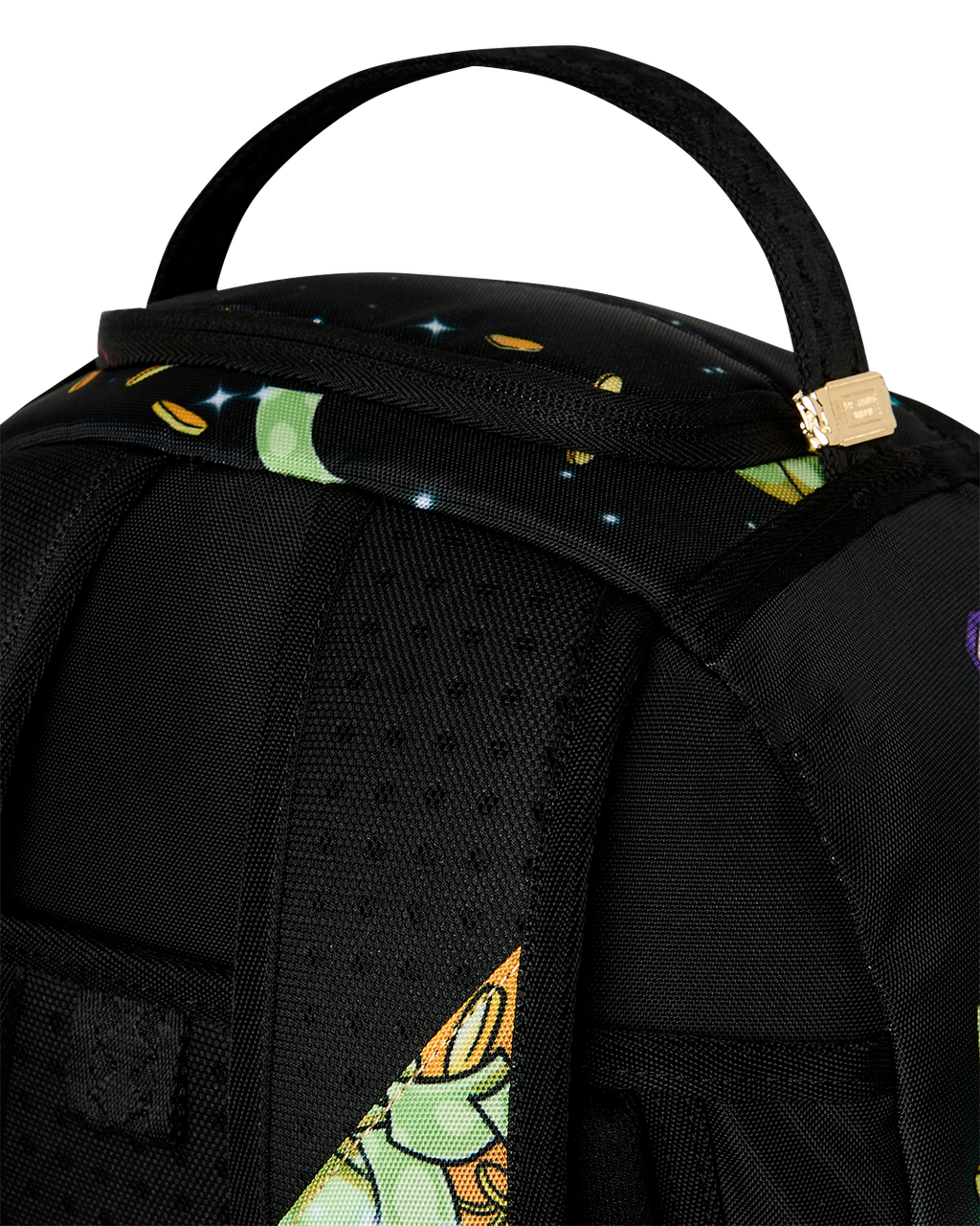Sprayground Money Rider backpack bag close-up of black shoulder strap and perforated fabric panel