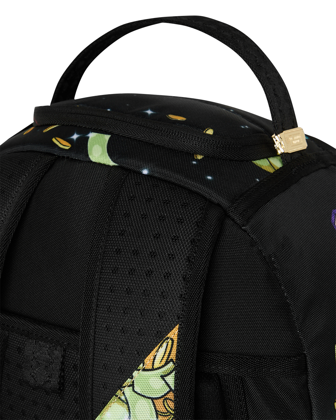 Sprayground Money Rider backpack bag close-up of black shoulder strap and perforated fabric panel