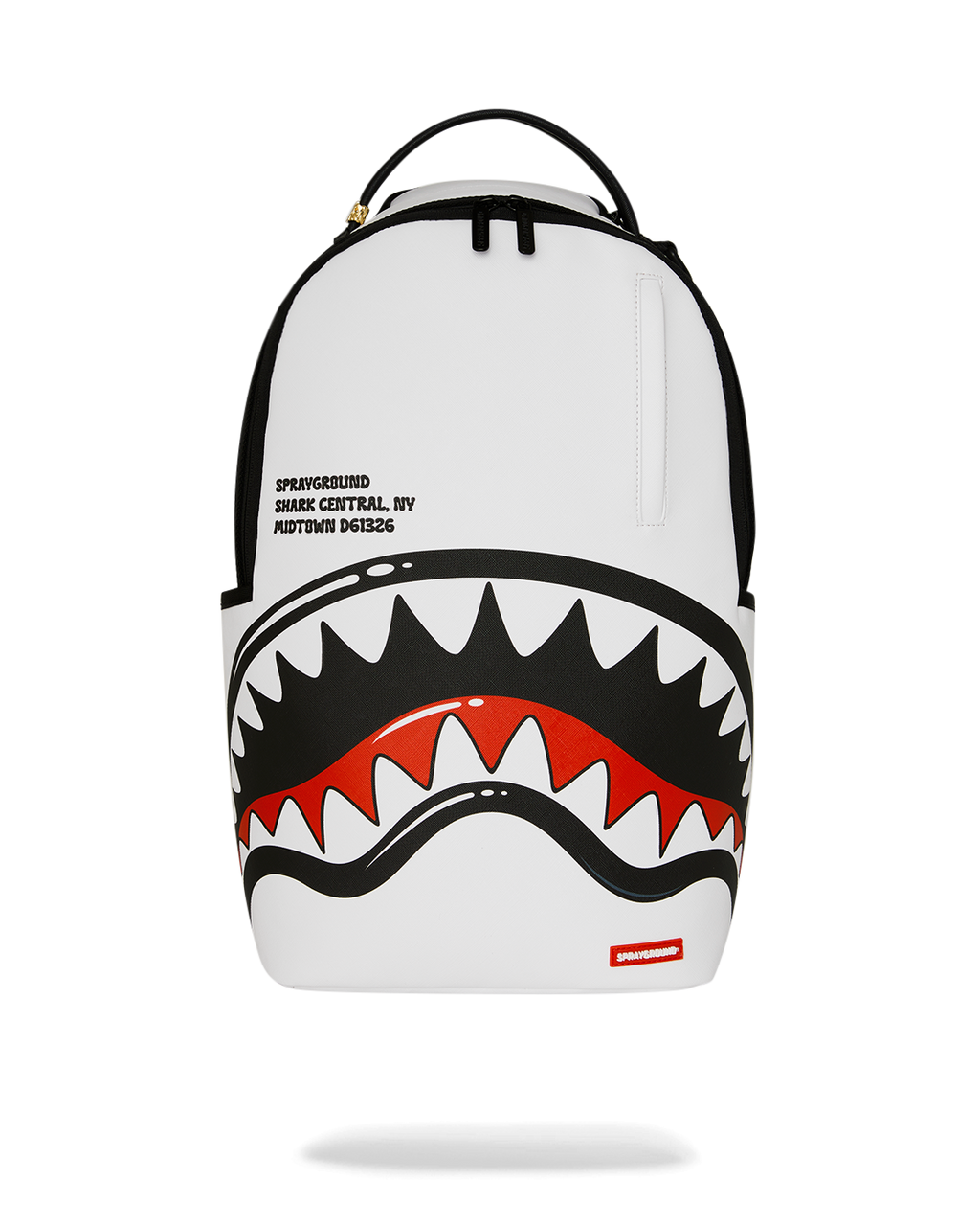 White backpack with black top handles and central shark graphic in red and gray