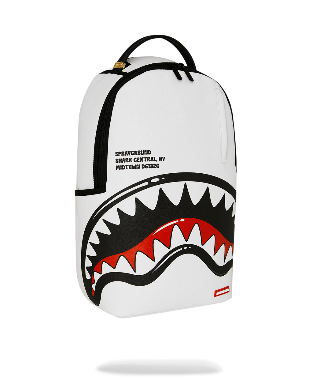 White backpack with side shark graphic, black trim, and small red brand label