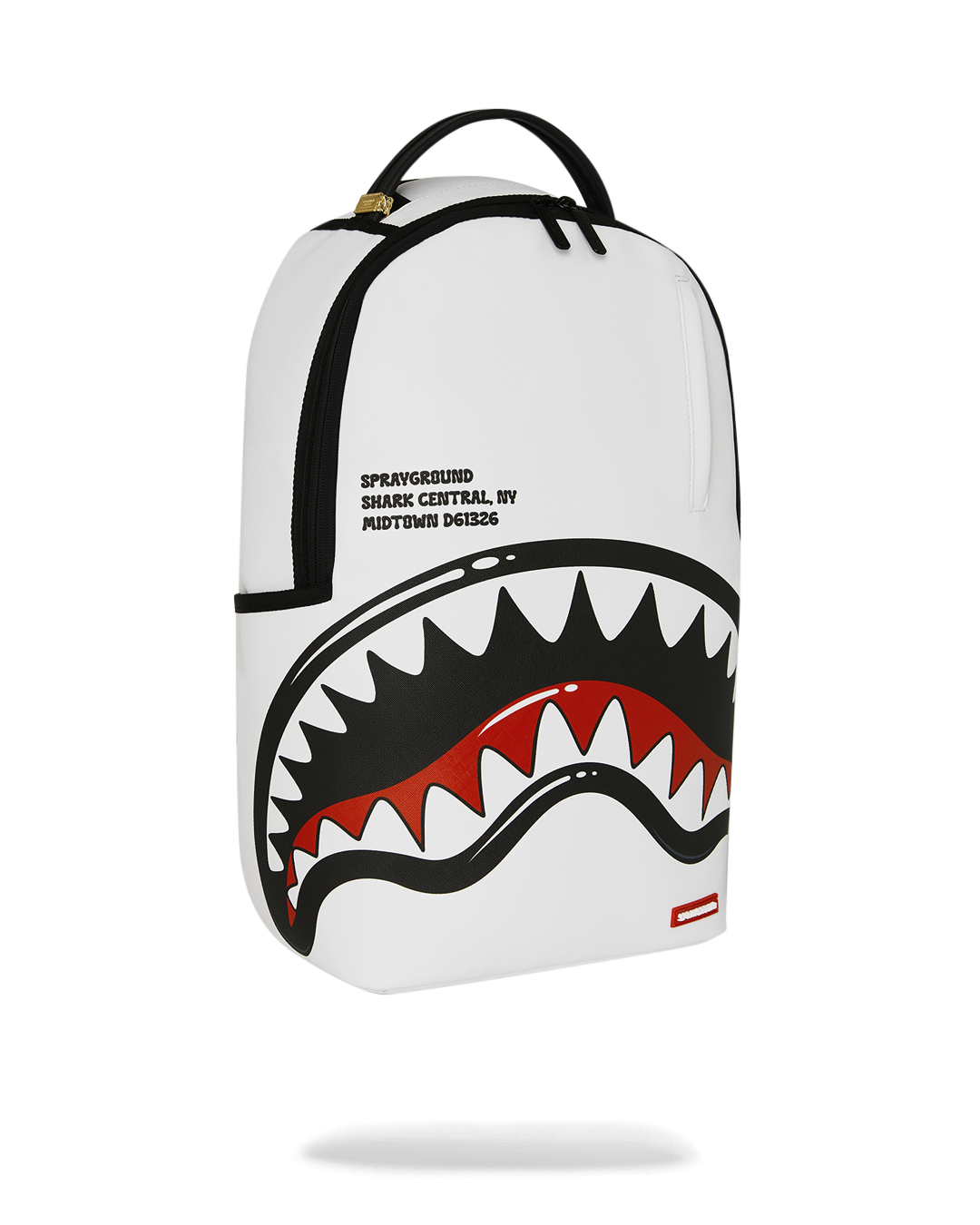White backpack with side shark graphic, black trim, and small red brand label