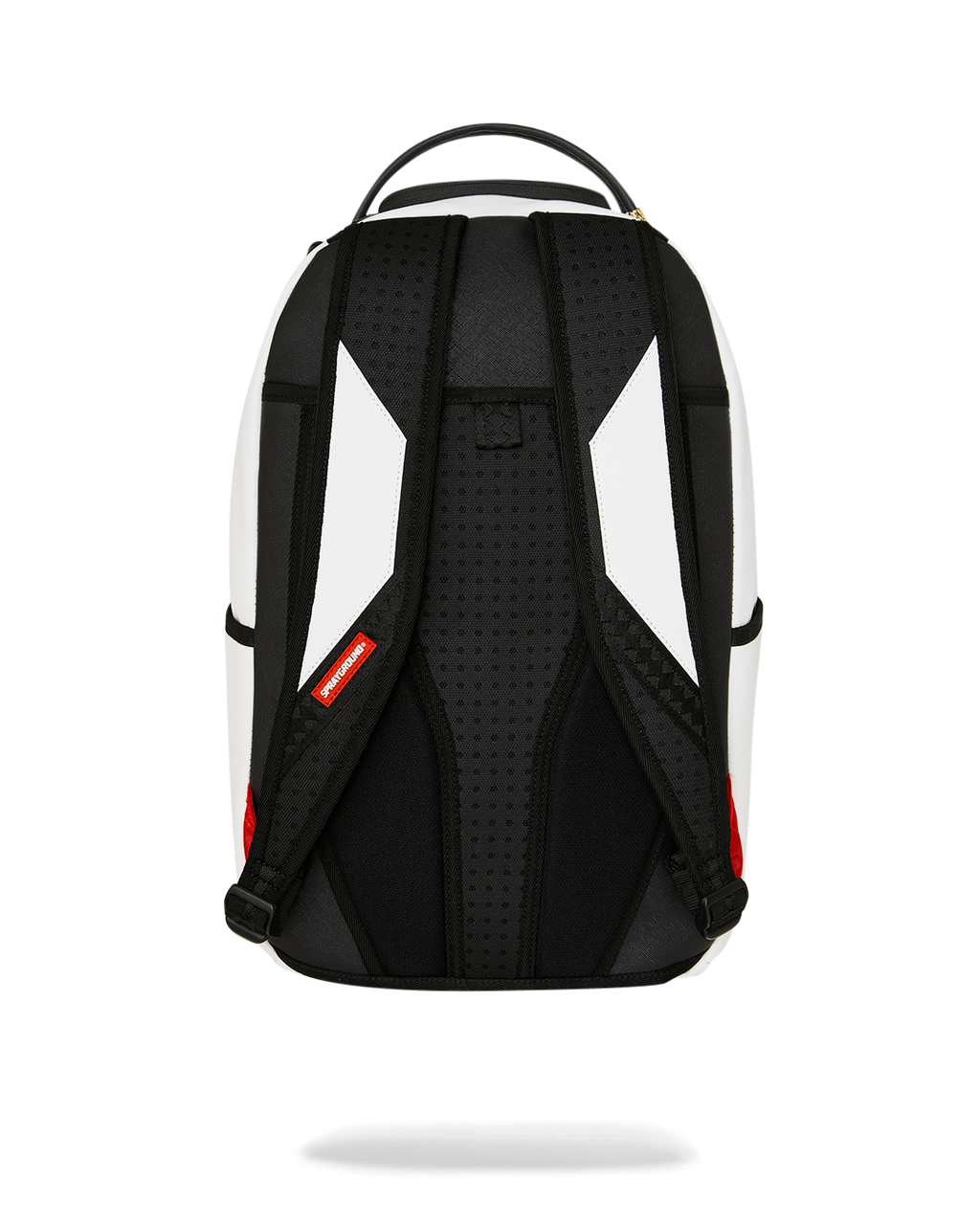 White backpack with black back panel, padded shoulder straps, and perforated mesh
