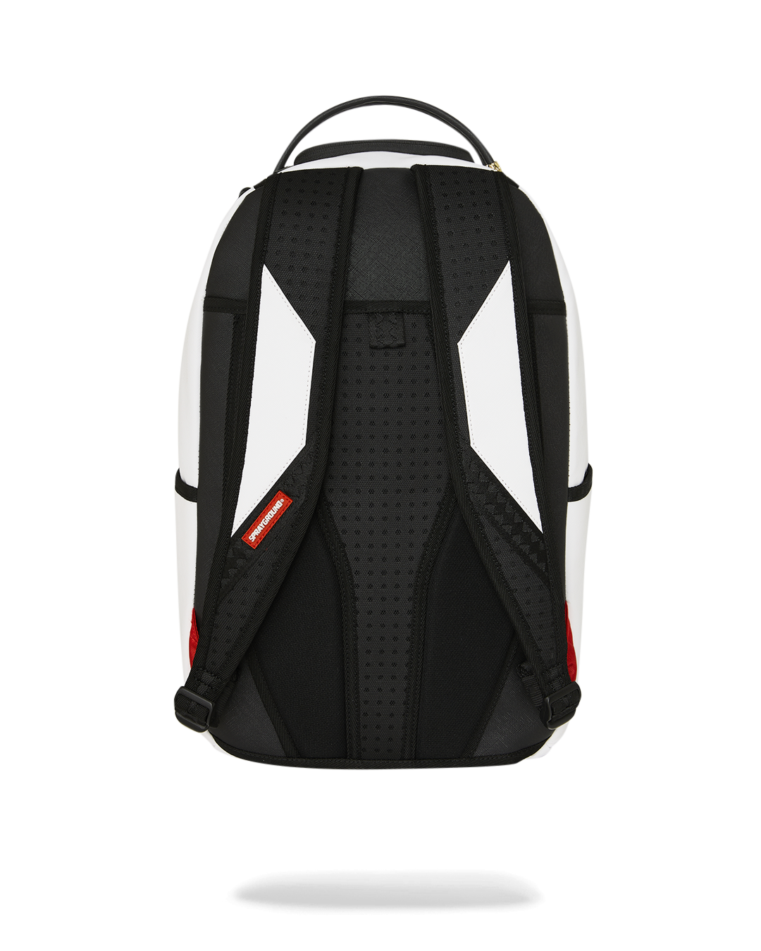White backpack with black back panel, padded shoulder straps, and perforated mesh