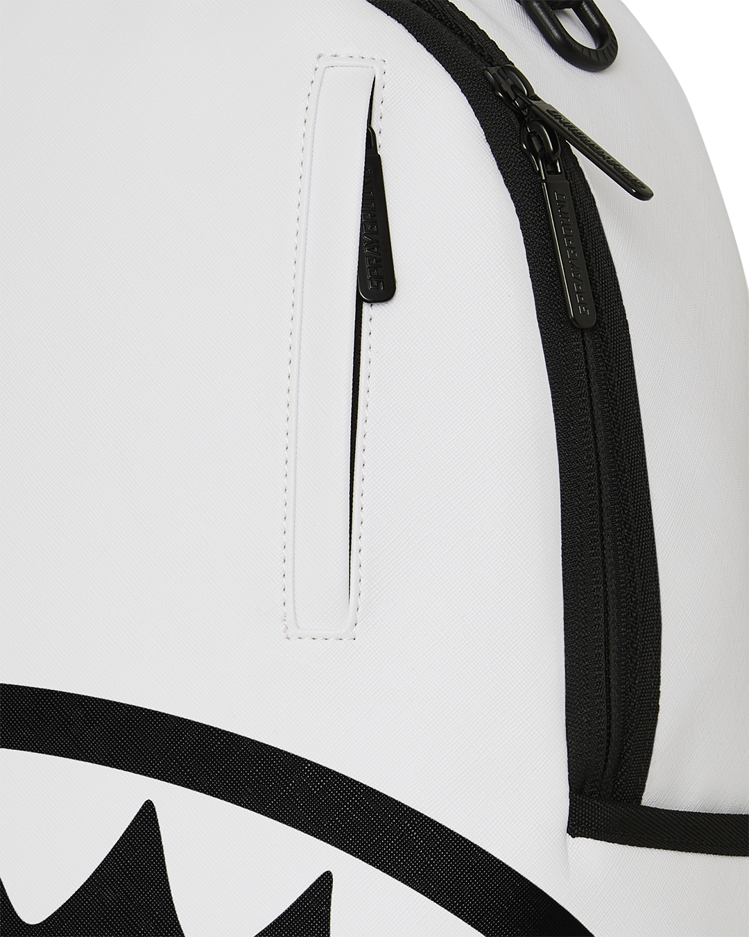 White backpack side view with black zipper and stitched black handle strap