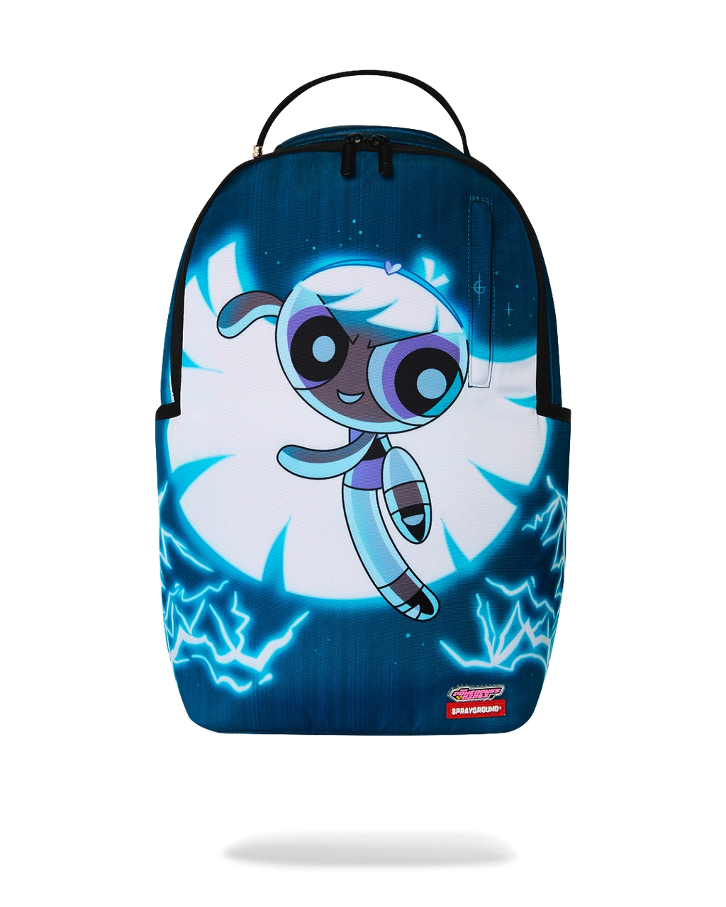 Kids' blue backpack with cartoon face graphic and lightning accents