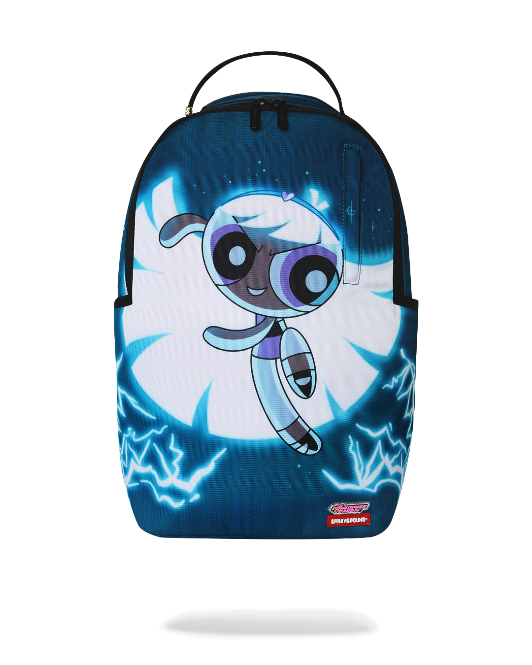 Kids' blue backpack with cartoon face graphic and lightning accents