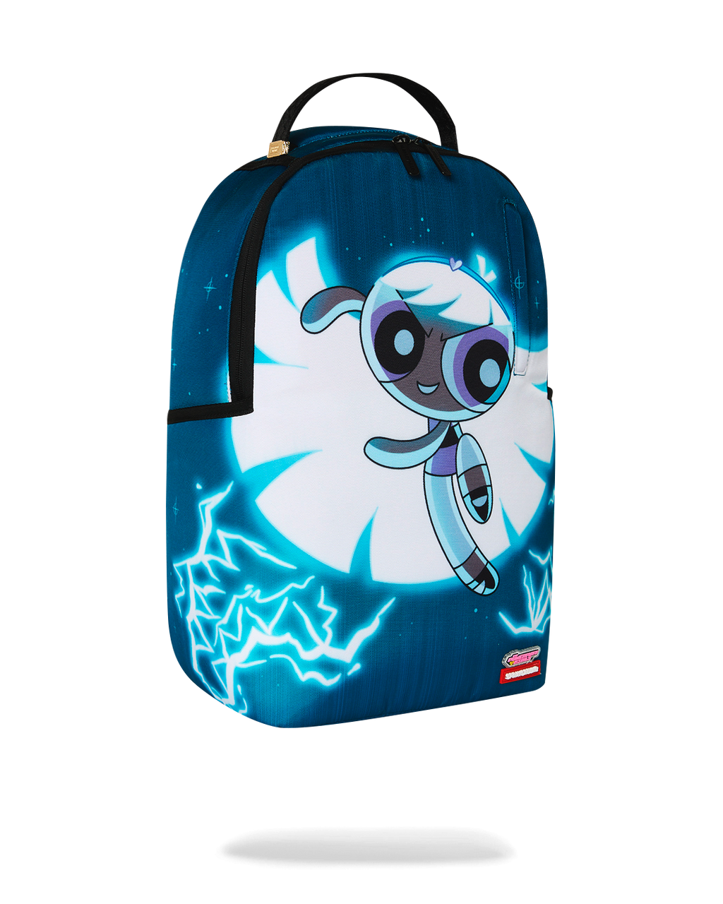 Kids' blue backpack with cartoon character face on front panel and blue lightning print