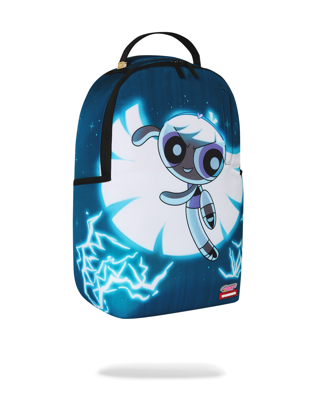 Kids' blue backpack with cartoon character face on front panel and blue lightning print