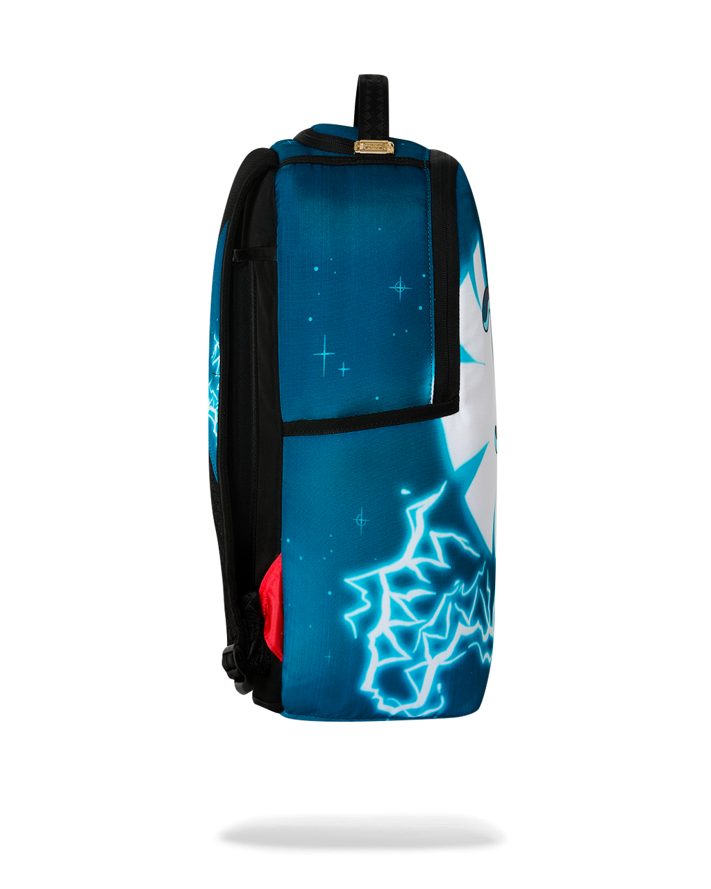 Kids' blue backpack with black side panel and glowing lightning graphic