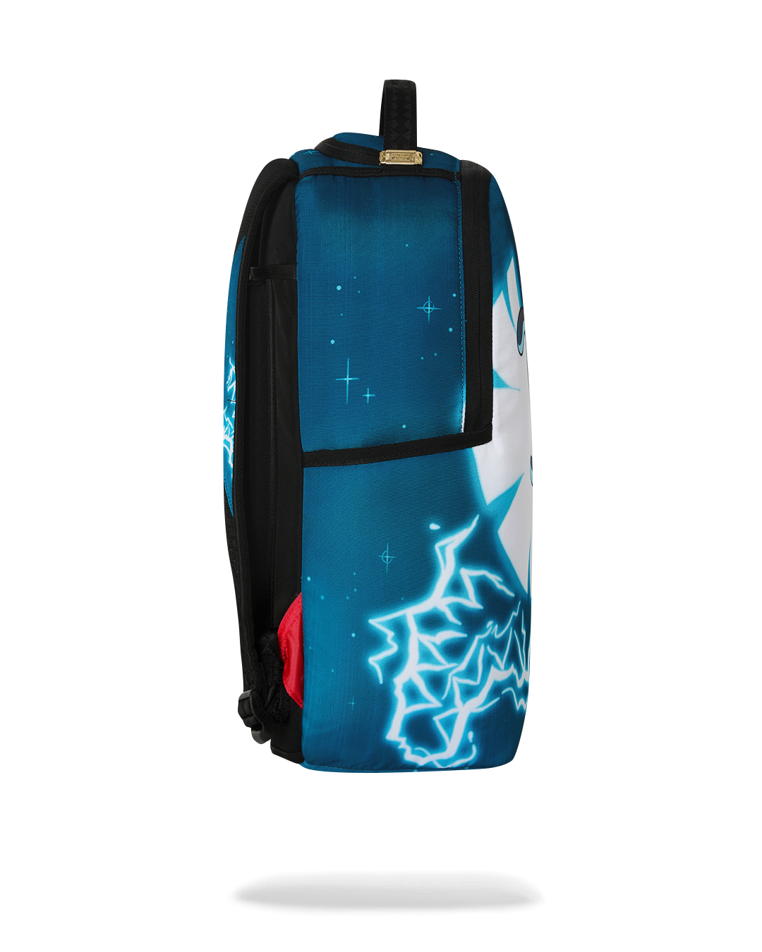 Kids' blue backpack with black side panel and glowing lightning graphic