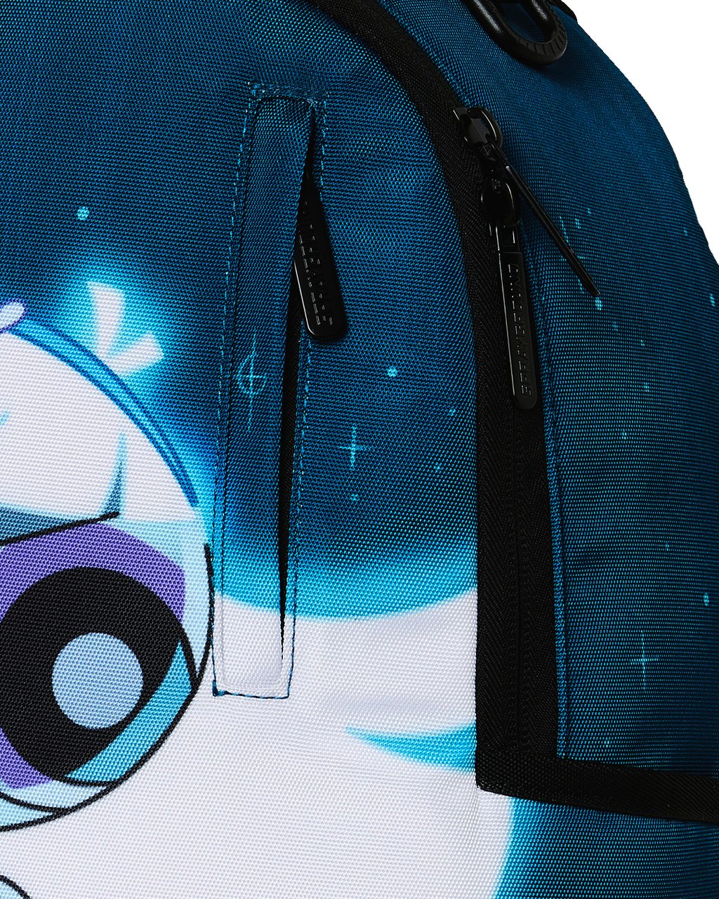 Blue backpack close-up with black zipper, pull tab, and textured fabric