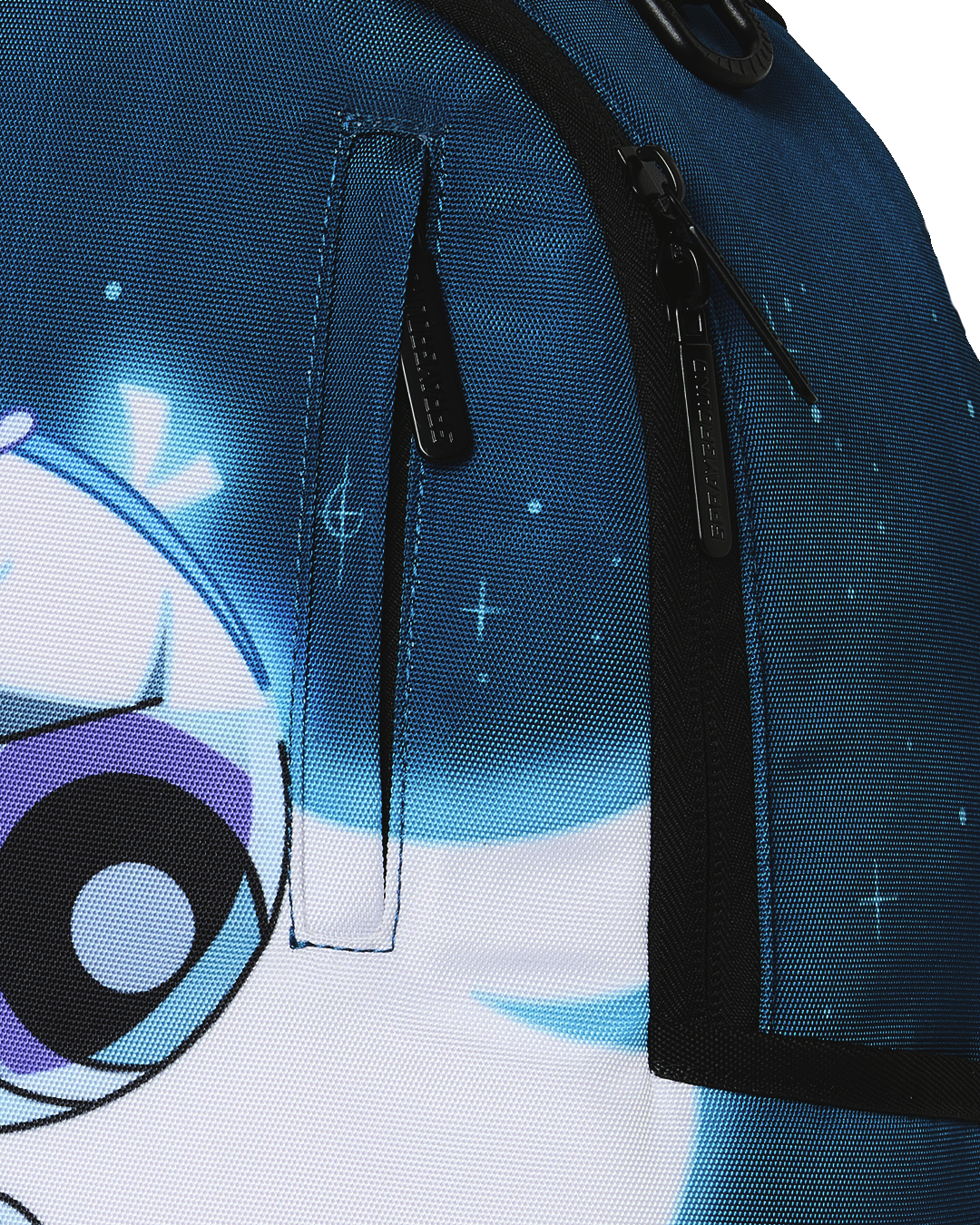 Blue backpack close-up with black zipper, pull tab, and textured fabric